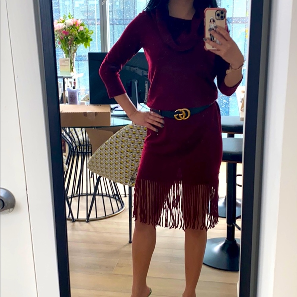 NWT, cowl-neck sweater dress with fringe bottom